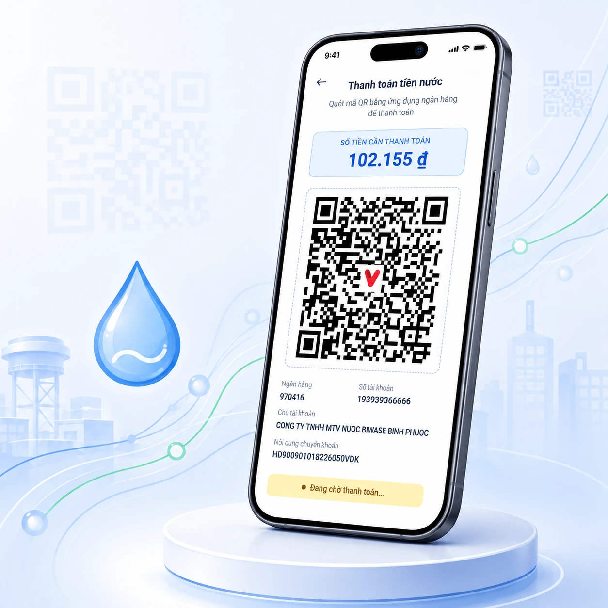 Giao diện minh họa hóa đơn và mã QR thanh toán tiền nước