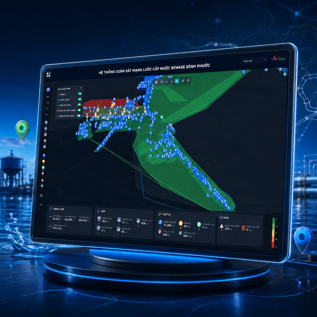Illustrative GIS interface showing network assets and DMA zones